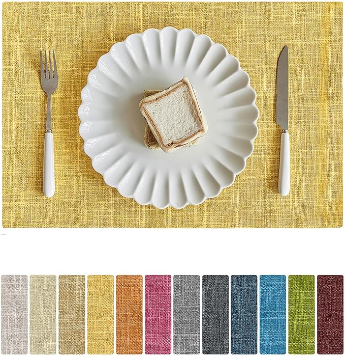 Softalker Faux Linen Placemats Set of 8-12 x 18 Inch, Heat Resistant Double Layered Durable Burlap Farmhouse Place Mats, Non-Slip Washable Rustic Table Mats for Dining, Kitchen, Party（Yellow