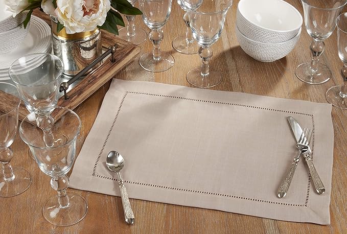 SARO LIFESTYLE Hemstitched Border Placemat (Set of 12), Taupe, 14"x20"