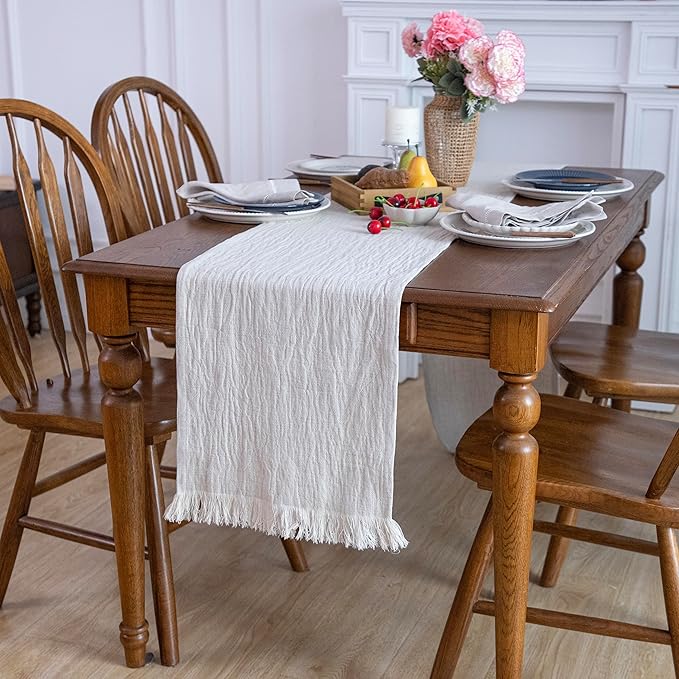 Simple&Opulence Linen Cotton Table Runner - 14 x 72 Inch, Farmhouse Linen Table Runner with Fringed Edges for Bohemian Rustic Wedding, Bridal Shower, Dinner （ Linen ）