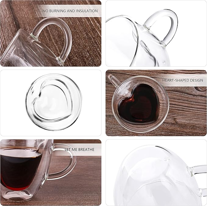 CNGLASS Double Wall Heart Shaped Glass Coffee Mugs 8.5oz,Insulated Clear Tea Cups with Handle,Unique Glass Espresso Mugs for Coffee,Cappuccino,Latte,Milk,Set of 2