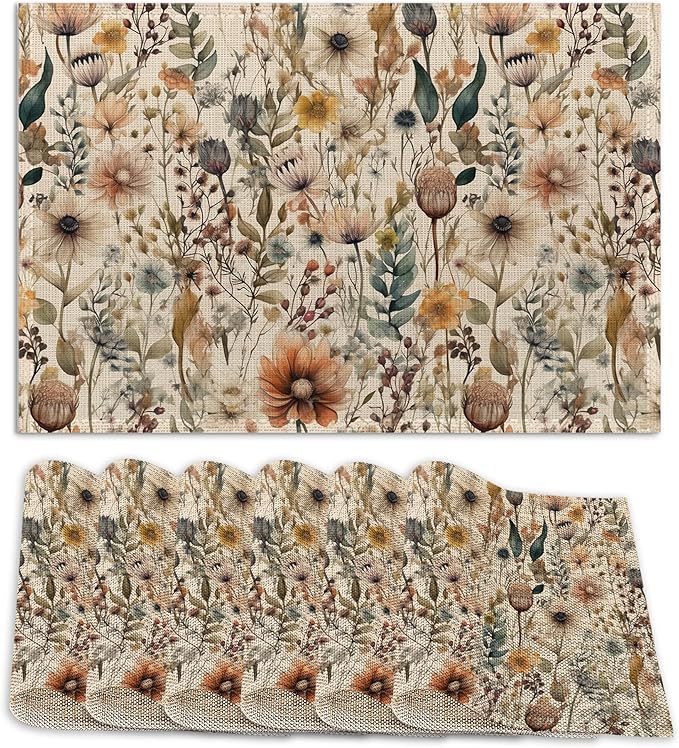 Boho Floral Watercolor Placemats Set of 6,12x18 Inch Table Mats forKitchen Table Washable Farmhouse Linen Table Mats Dining Decoration