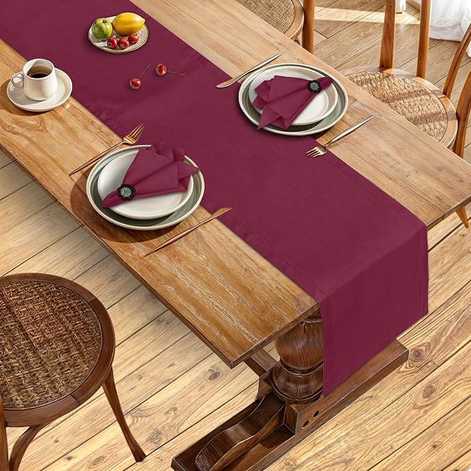Ruvanti Linen Table Runner 108 Inches, Classic Hemstitch, Washable, Reusable, Non-Slipping, Stain Resistant- Perfect for Parties, Weddings, Dinners, Thanksgiving, Christmas, Indoor use – Burgundy