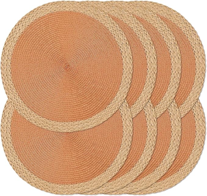Noctiflorous Braided Round Placemats Set of 8, 15 Inch Woven Table Mats, Non-Slip Washable Wide Edge Place Mats for Kitchen Dining Table Decor (Orange, 8)