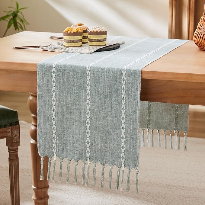 Braided Farmhouse Table Runner,Braided Dusty Blue 13x108 Inch, Cotton Linen Table Runners 108 Inches Long, Embroidered Striped Dusty Blue Boho Table Runner Rustic Home Decor