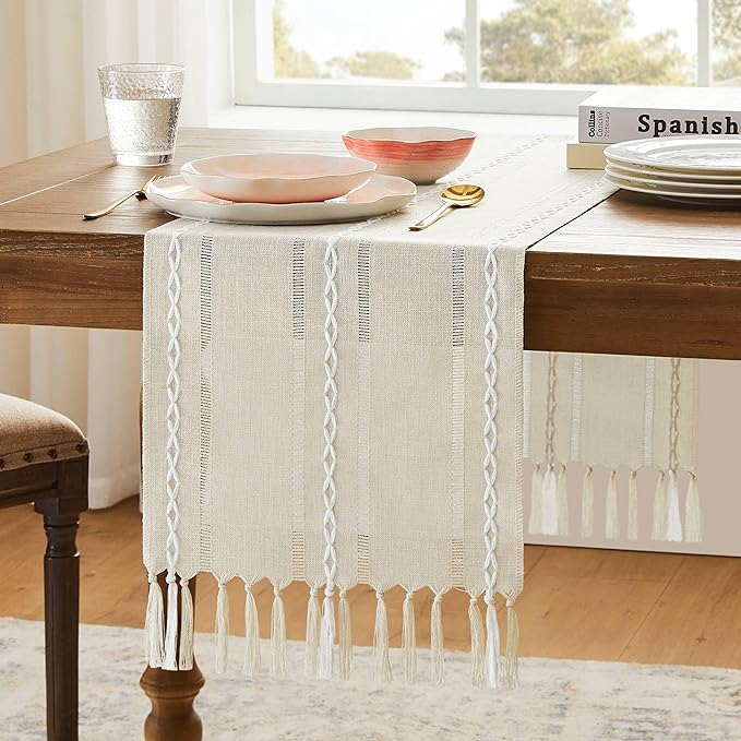 Hemstitched Farmhouse Table Runner, Beige 13x90 Inch, Cotton Linen Table Runners 90 Inches Long, Embroidered Striped Beige Boho Table Runner Rustic Home Decor