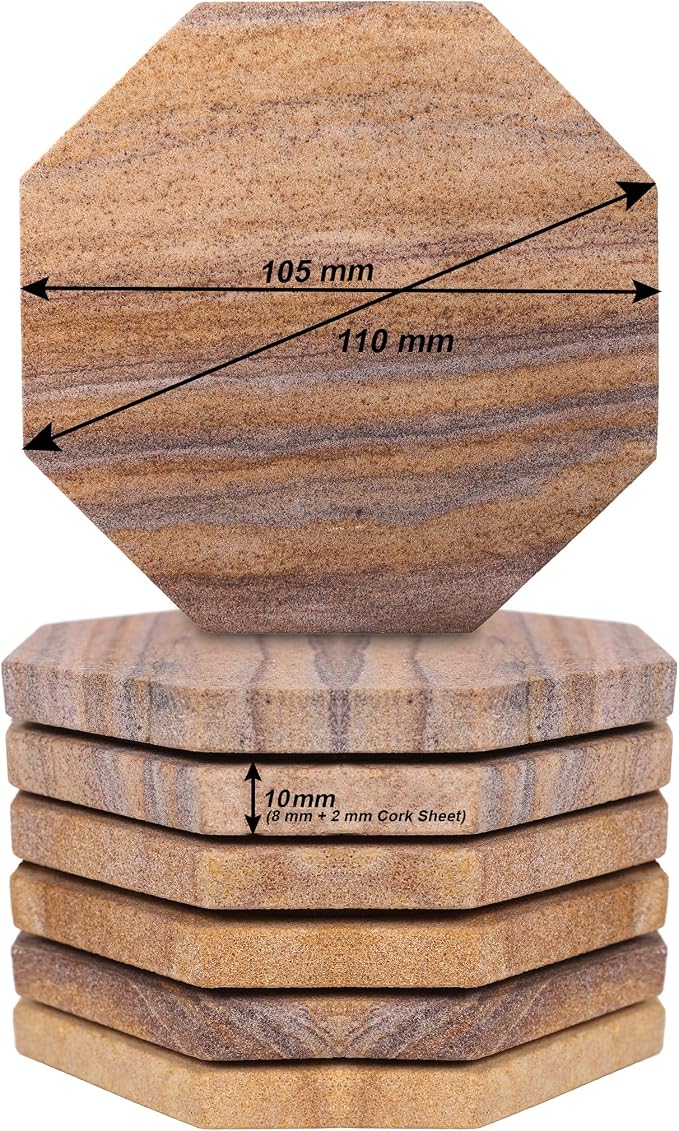 Sandstone Water Absorbent Hand Crafted Octagon Coasters for Drinks- Set of 6-4 inches Wide Thirsty Stone bar/Drink Coasters Made from Real Solid Stone (Without Holder, Set of 6)