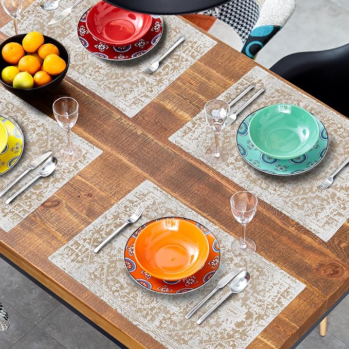 Gray Khaki Boho Placemats Set of 4 Ethnic Bohemian Carpet Place Mats Washable Kitchen Dining Vintage Grey Geography Floral Linen Table Mats Stain Heat-Resistant for Home Party Indoor 12x18 in