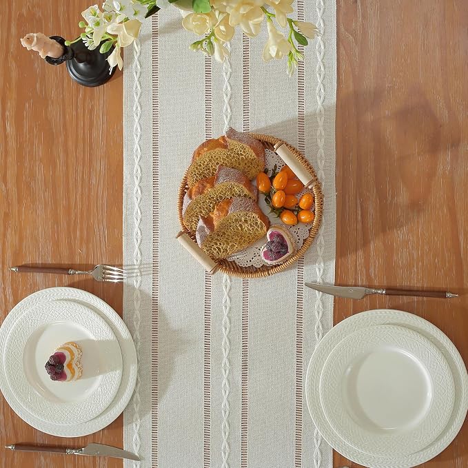 Niviy Boho Cotton Linen Beige Table Runner, Ivory Farmhouse Woven Table Runners Spring Summer Holiday Kitchen Dining Table Decoration for Home Party Decor 13 x 72