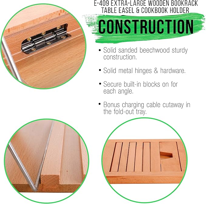 U.S. Art Supply Large Wooden Table Easel - Adjustable Incline, 2 Page Holders - Functions as Wooden Cookbook Stand, Kitchen Countertop Recipe Rack, Tablet Rest & Cook Book Holder for Kitchen Counter