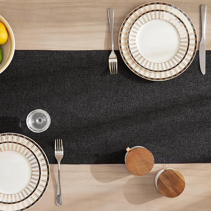 ZeeMart Burlap Style Farmhouse Table Runners 108 Inches Long, Black Rustic Woven Dining Table Runner for Everyday Use, 14x108 Inches, Black
