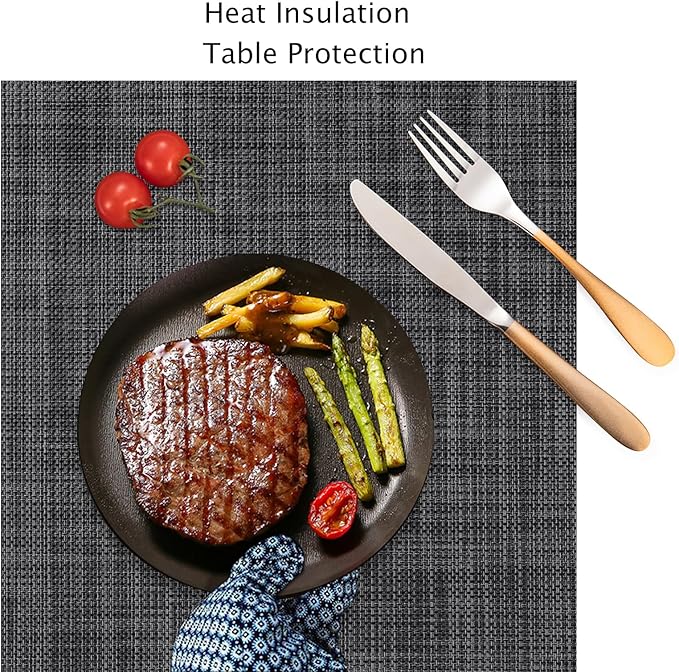 Myir JUN Placemats Set of 4, Vinyl Woven Placemats Place Mats Indoor Set of 4 Washable Table Mats Non-Slip Place mats for Dining Table (Dark Gray-Black, Set of 4)