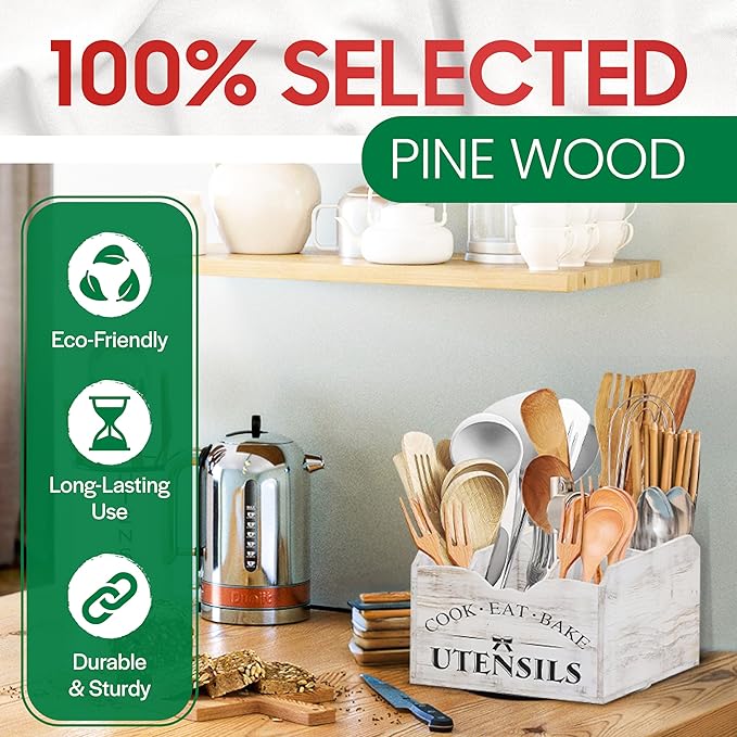 [Upgraded] Extra Large Kitchen Utensil Holder for Countertop with 360° Rotating Base, 6 Compartments, Removable Divider, Wooden Utensil Organizer for Countertop, Farmhouse Kitchen Decor
