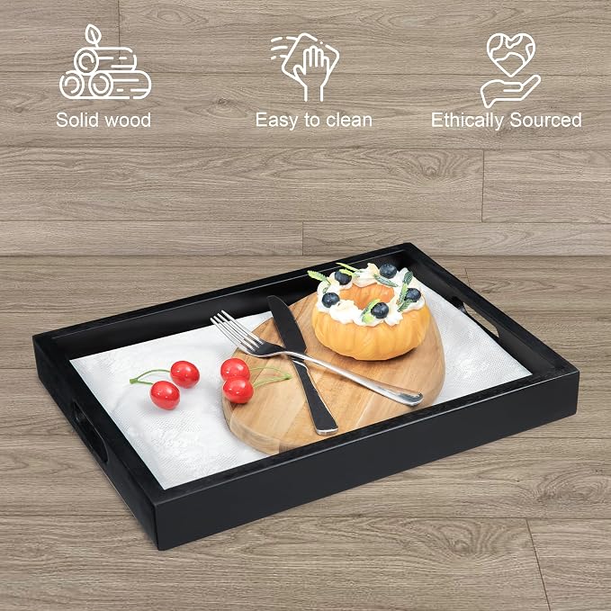 Black Acacia Wooden Rectangular Serving Tray with Handles, Set of 2 (15"x11" & 13"x10"), Large Tray for Ottoman, Breakfast in Bed, Dinner, Coffee Table Decor & Kitchen