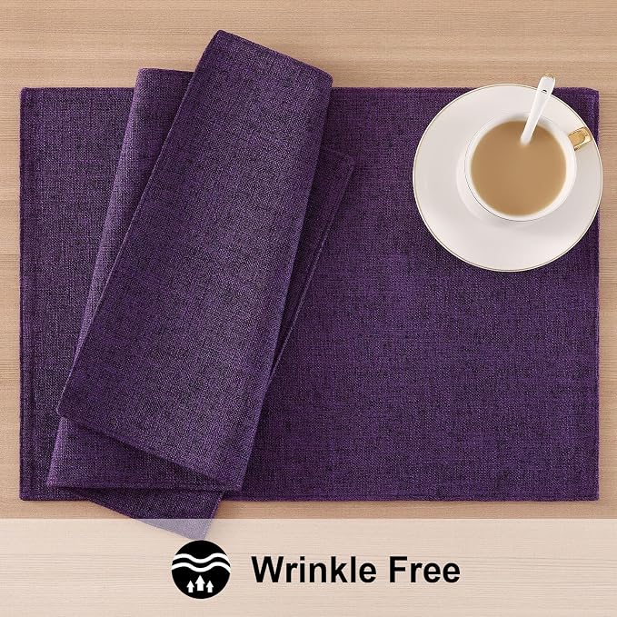 homing Faux Cotton Linen Placemats Set of 6, Cloth Washable Farmhouse Dining Table Mats for Indoors & Outdoors, Easy to Clean, Purple, 13 x 19 Inch