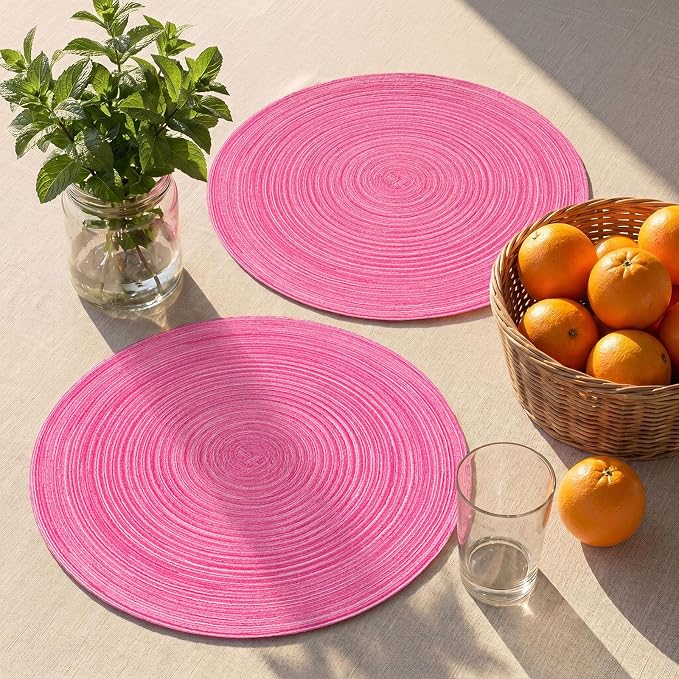 AHHFSMEI Round Braided Placemats Set of 6 Woven Table Mats for Dining Table Heat Resistant Easy to Clean Perfect for Kitchen & Home Decor (Hot Pink)