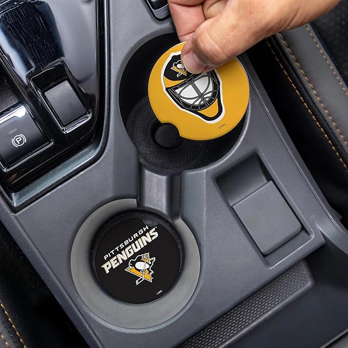 NHL Pittsburgh Penguins Car Coaster Set, 4pcs(2-Pack of 2), Absorbent Ceramic Stone Cup Holder Inserts, Removable Drink Mats for Cars, SUVs, and Trucks, Hockey Auto Accessories