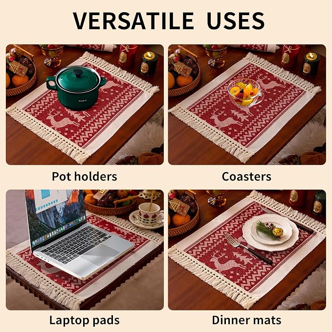 Placemats Set of 4,Elk Placemat with Tassel Fringe,Christmas Placemats for Coffee Table Western Restaurant