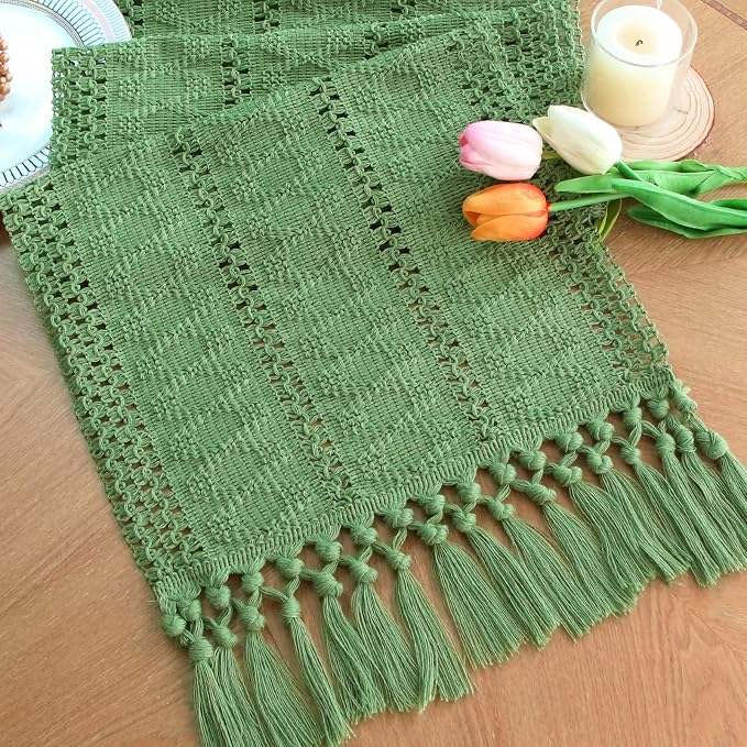 FEXIA Green Table Runner with Tassels for Summer Decor 72 Inches Long Macrame Table Runner for Home Decor Farmhouse Rustic Table Runner for Dining Bedroom Decorations (12x72 Inches)