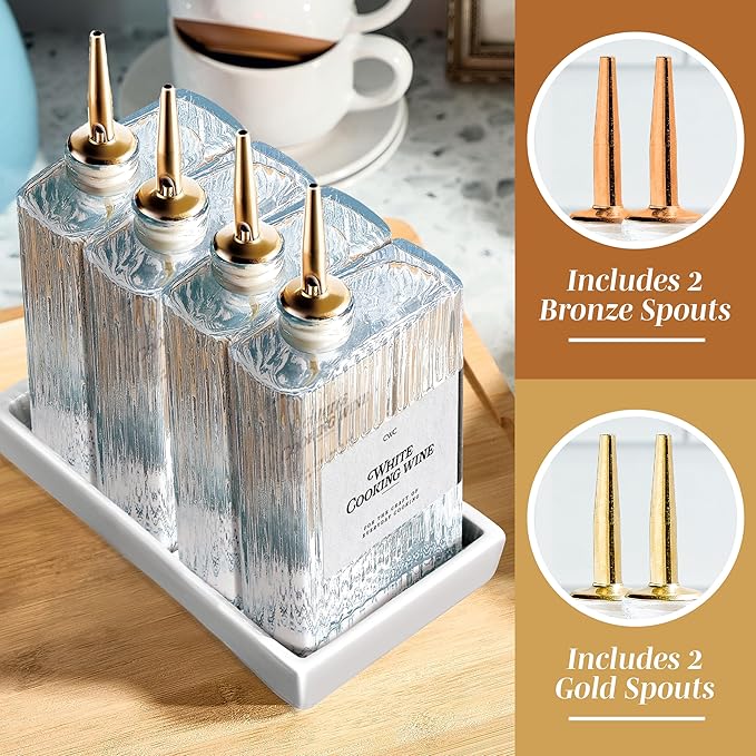 COOK WITH COLOR Olive Oil Dispenser Bottle - 4 Pk Glass Oil Dispenser for Kitchen - Condiment, Coffee Syrup & Vinegar Dispenser, Olive Oil Cruet, Includes 8 Auto Pourer Spouts