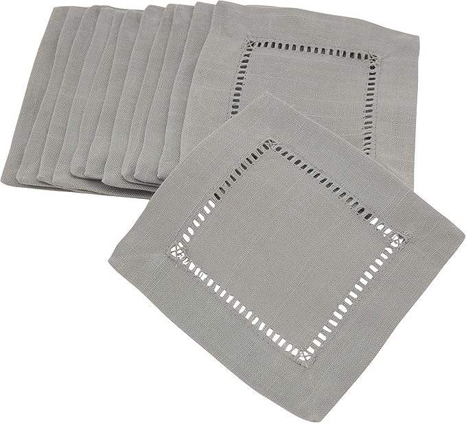 SARO LIFESTYLE Hemstitched Border Cocktail Napkin (Set of 12), Grey, 6"x6"