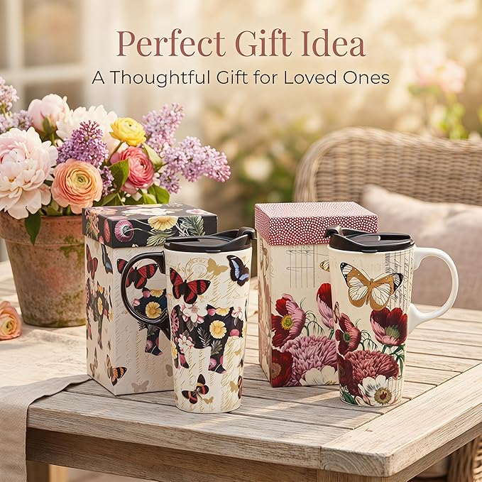 Topadorn Set of 2 17oz Ceramic Travel Mugs with Lids, Vintage Butterfly & Floral Coffee Cup Set, Spill Resistant Microwave & Dishwasher Safe Mug Set