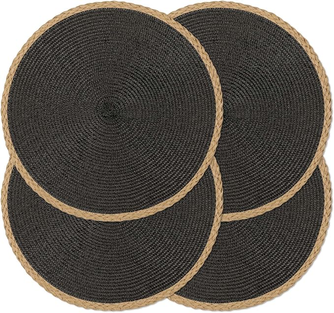 Noctiflorous Braided Round Placemats Set of 4, 15 Inch Woven Table Mats, Non-Slip Washable Thin Edge Place Mats for Kitchen Dining Table Decor (Black, 4)