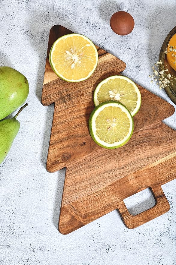 Christmas Tree Shaped Wood Cutting Board for kitchen, Christmas Tree Wooden Serving Tray with Handle, Christmas Decoration Charcuterie Tree Boards 14"L x 11"W
