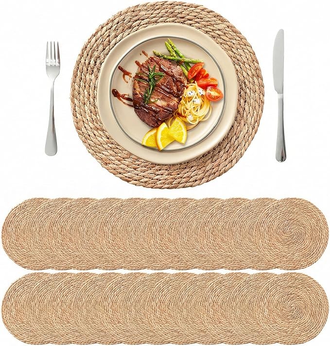 Round Woven Placemats Set of 24, 13.5'' Boho Rattan Chargers for Dinner Plates, Rustic Wicker Place Mats, Straw Braided Table Placemats, for Dining Table Decor, Wedding, Farmhouse and Home Decor