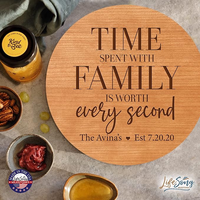 LifeSong Milestones Personalized Cherry Wood Lazy Susan Kitchen Turntable Everyday Design Ideas 12” Engraved Decorative Serving Centerpiece Family (Time Spent)