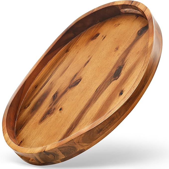 TIDITA Acacia Oval Wooden Serving Tray with Handles - 16.5" x 13" Ottoman Table Oval Wooden Tray - Round Serving Tray - Ottoman Tray for Living Room, Coffee Table Decor, Serving Platter (Acacia)