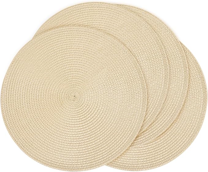 Feuille Round Braided Placemats Set of 4 Place Mats for Dining Table Woven Washable Non-Slip Table Mats 13.5 Inch (Beige, 4pcs)