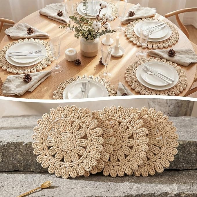 Set of 8 Ruffled Woven Corn Husk Placemats 11.8'' Boho Farmhouse Placemats for Tabletop Decor Elegant Dining Wedding Christmas Thanksgiving Day Holiday Dinner Party Housewarming Gifts Daily