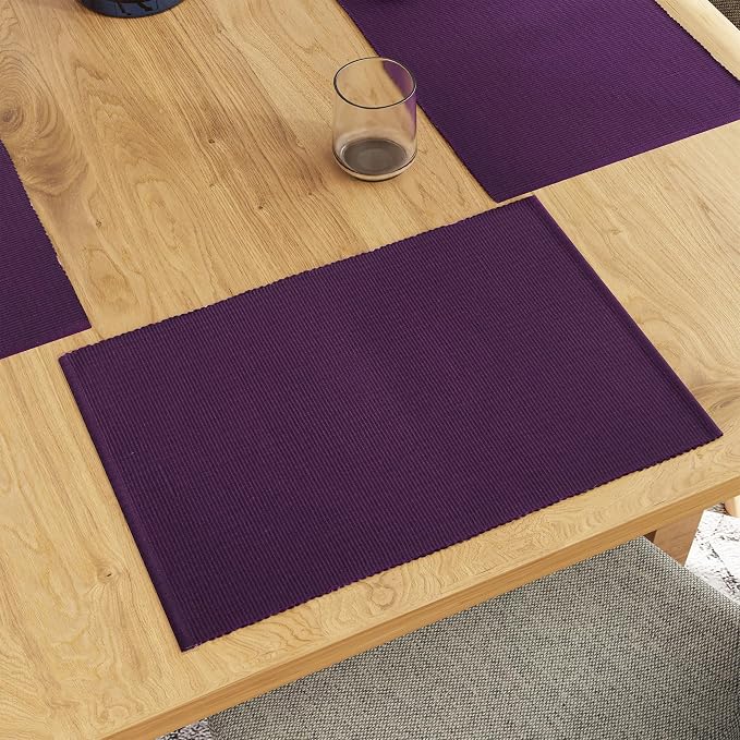 Encasa XO Dining Placemat Set of 6 | Purple Color | Fine Ribbed Cotton Table mat | Size 19x13 in | Machine Washable