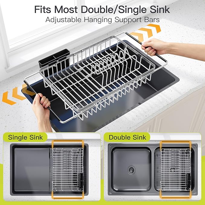 JASIWAY Expandable Stainless Steel Dish Drying Rack Over The Sink For Small Kitchen, Counter Space Saving Compact Plate Drainer Strainer, Adjustable Hanging Metal Dish Dryer Holder with Utensil Holder