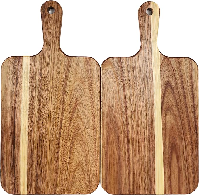 ZeQi 2PCS Small Acacia Wood Cutting Board with Handle 13.7''X7'', Chopping Board, Charcuterie Board, Serving Board for Cheese, Bread, Meat, Vegetables & Fruits (2 Pack Rectangular)