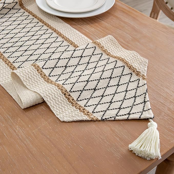 Table Runner, Boho Style with Tassels, Cotton & Linen, Farmhouse Home Decor for Living Room Dresser Scarfs (12x36Inch, Black & Beige)