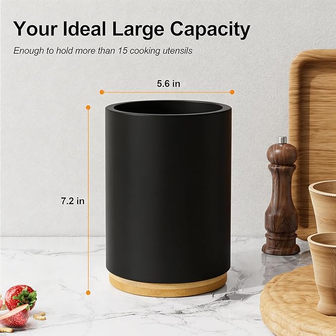 ZUJJAFY Black Utensil Holder, 360° Rotating Kitchen Utensil Holder for Counter, 7.2" Large Cooking Utensil Crock for Countertop, Bamboo Utensils Organizer for Cooking Spatula Storage