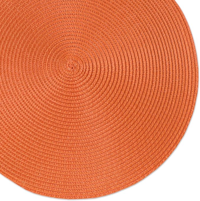 DII Classic Woven Tabletop Collection, Indoor/Outdoor Placemat Set, Round, 15" Diameter, Orange, 6 Piece