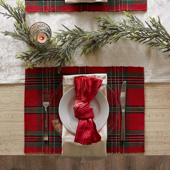 DII Farmhouse Christmas Plaid Dining Table & Kitchen Décor, Holiday Placemat Set, 13x19, Red & Green, 6 Count