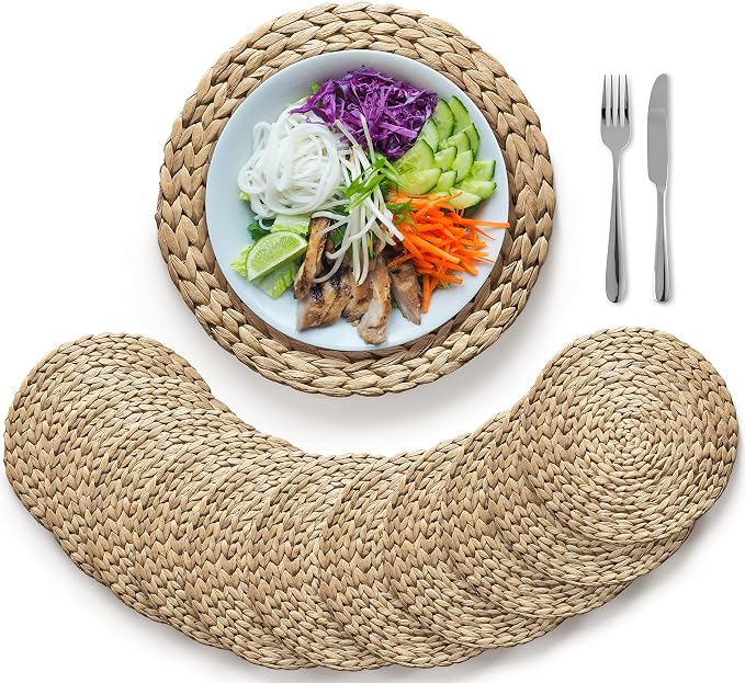 (Sizes:12"-13''-14''-15'') BLUEWEST Woven Placemats (Set of 10), Round Rattan Placemats, 14'' Braided Water Hyacinth Wicker Mats, Heat Resistant & Non-Slip for Dinner Plates
