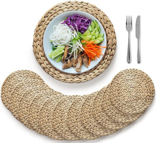 (Sizes:12"-13''-14''-15'') BLUEWEST Woven Placemats (Set of 10), Round Rattan Placemats, 14'' Braided Water Hyacinth Wicker Mats, Heat Resistant & Non-Slip for Dinner Plates
