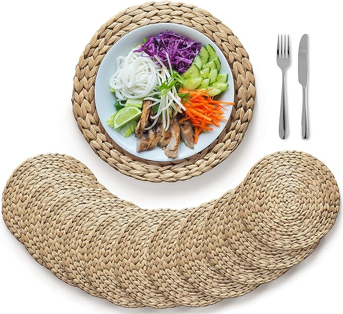 BLUEWEST Woven Placemats - Set of 10 Round Rattan Wicker Water Hyacinth Braided Placemats, 13.5'' Heat Resistant/Anti-Slip