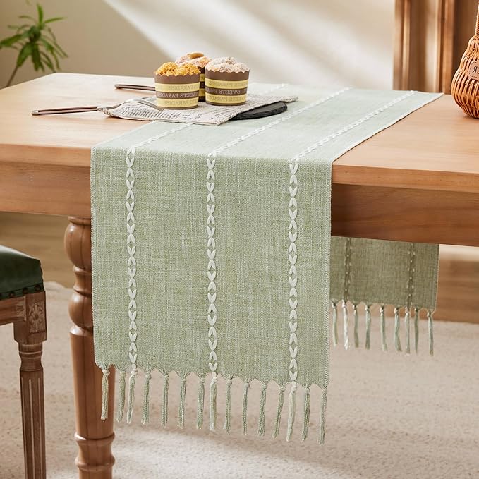 Braided Farmhouse Table Runner,Braided Sage Green 13x108 Inch, Cotton Linen Table Runners 108 Inches Long, Embroidered Striped Sage Green Boho Table Runner Rustic Home Decor