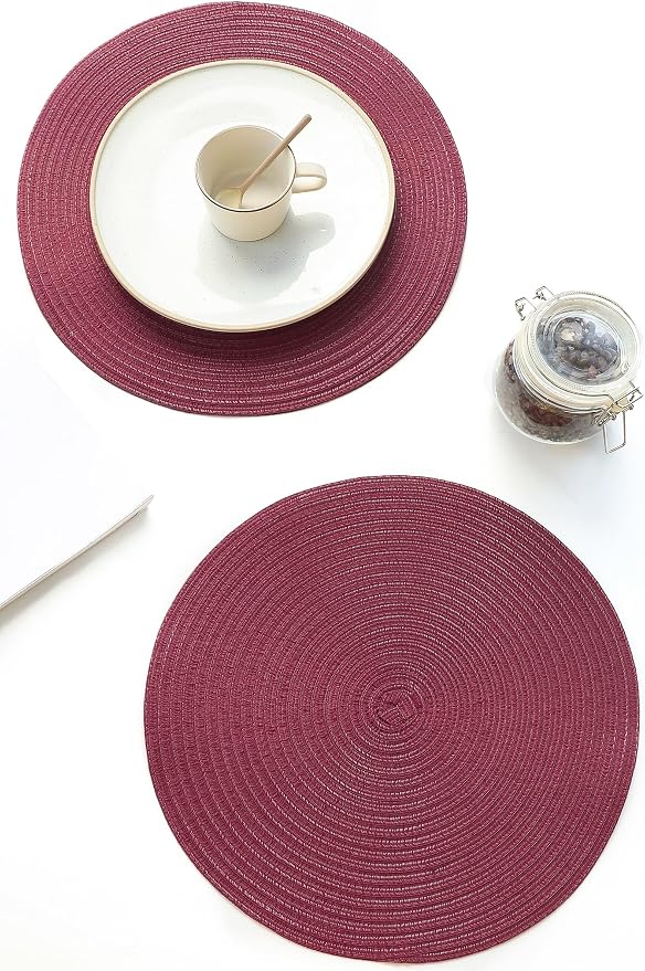 Floroom 15 Inch Round Braided Placemats Set of 4, Washable Heat Resistant Cotton Polyester Circle Place Mats for Kitchen Dining Table - Burgundy