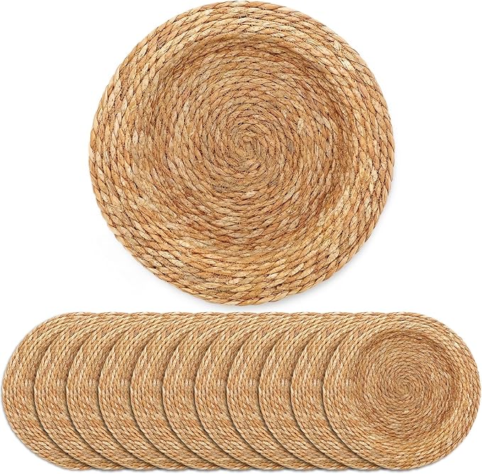 LemonRoad 13 Inch Boho Placemats Set of 12 Large Round Farmhouse Chargers Plate Mats Cattail Weave Woven Table Mats for Dining Plates Rustic Home Kitchen Wedding Party Table Decor, Natural Colors