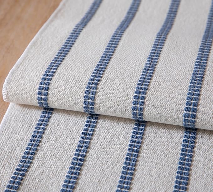 Caflife Boho Table Runner 72 Inchs Long Blue and Beige, Cotton and Linen Woven with Tassels, for Modern Rustic Farmhouse Neutral Table Runners, Bohemian Kitchen Dining Table Home Decor
