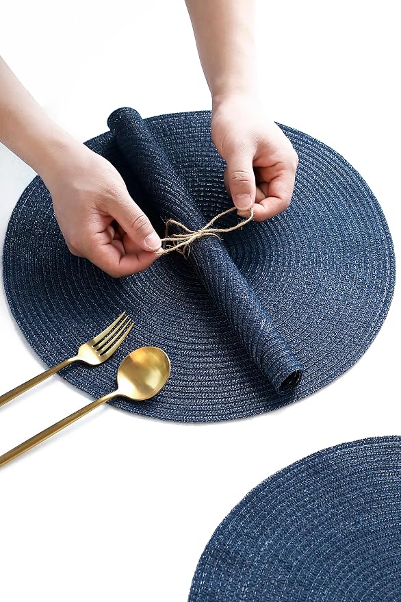 Floroom 15 Inch Round Braided Placemats Set of 4, Washable Heat Resistant Cotton Polyester Circle Place Mats for Kitchen Dining Table - Navy Blue
