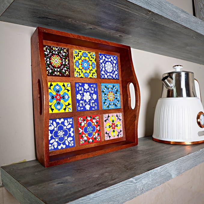 Craft Trade Mango Wood Serving Tray with Handle and 9 Fitted Floral Ceramic Tiles Wooden Platters Perfect for Breakfast Tea Coffee Snacks Dinner 30x30x8 cm Square