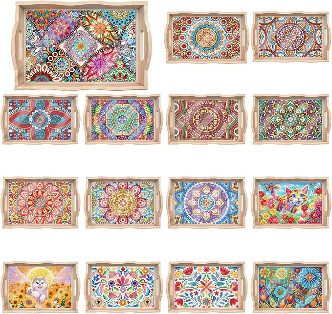 Generic 15Pcs DIY Diamond Serving Tray Rectangular Upgrade Increase Breakfast Tray with Handles Handmade Diamond Art Painting Wooden Tray Dinner Plate for Coffee Living Room Home Organizer