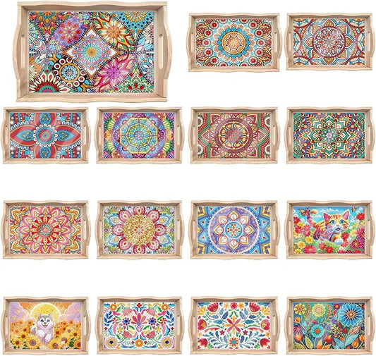 Generic 15Pcs DIY Diamond Serving Tray Rectangular Upgrade Increase Breakfast Tray with Handles Handmade Diamond Art Painting Wooden Tray Dinner Plate for Coffee Living Room Home Organizer